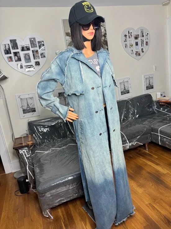 Washed Blue Denim Trench Coat - Picture 7 of 7